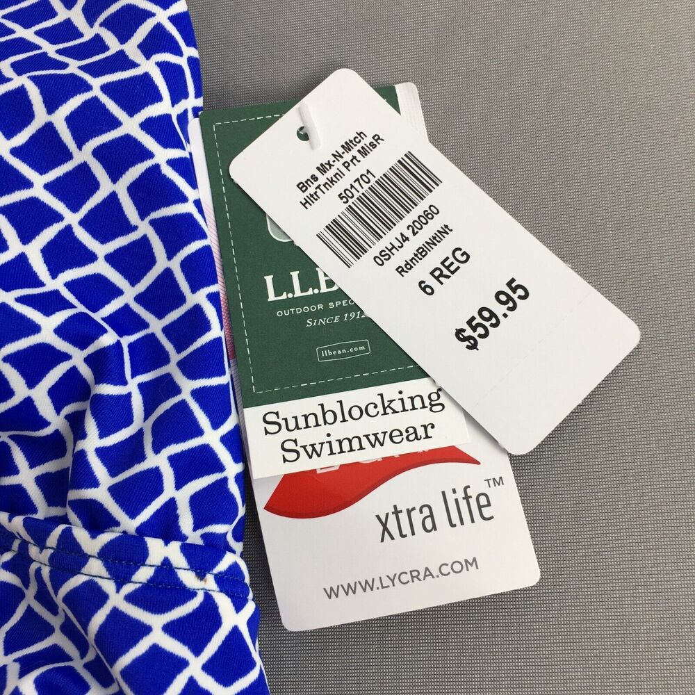 LL Bean Sunblocking Swimwear Halter Tankini Top Blue Beach White Woman Sz 6 NEW! - Picture 2 of 9